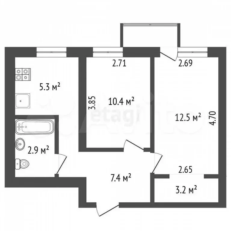 2-к. квартира, 43,4 м, 4/9 эт. - Фото 0