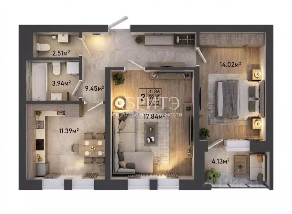 2-к кв. Липецкая область, Липецк ул. Железнякова, 8 (60.46 м) - Фото 2