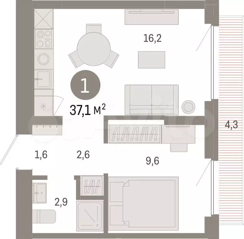 1-к. квартира, 37,1 м, 5/9 эт. - Фото 1