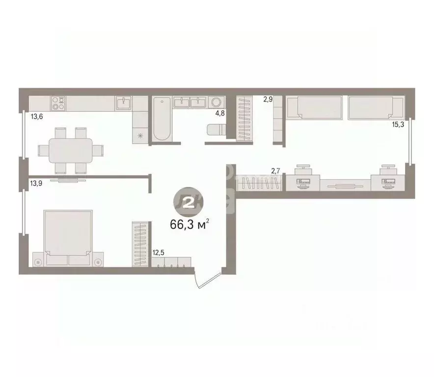 2-к кв. Тюменская область, Тюмень Новгородская ул., 14 (66.3 м) - Фото 1