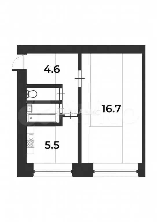 1-к. квартира, 29,6 м, 1/5 эт. - Фото 0