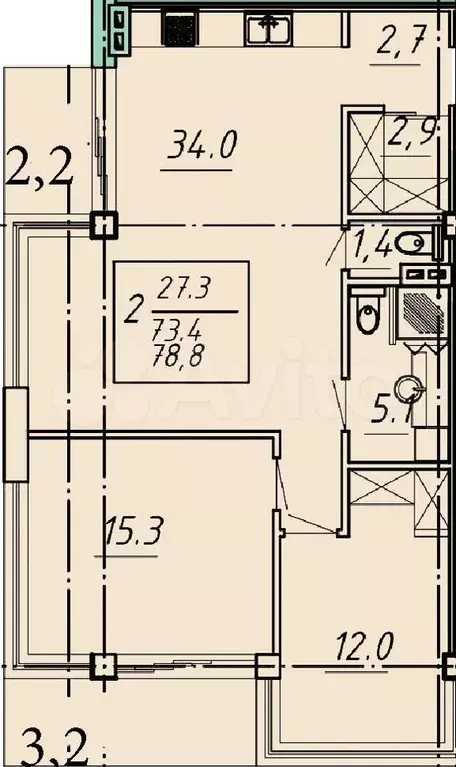 2-к. квартира, 78,8 м, 6/8 эт. - Фото 1