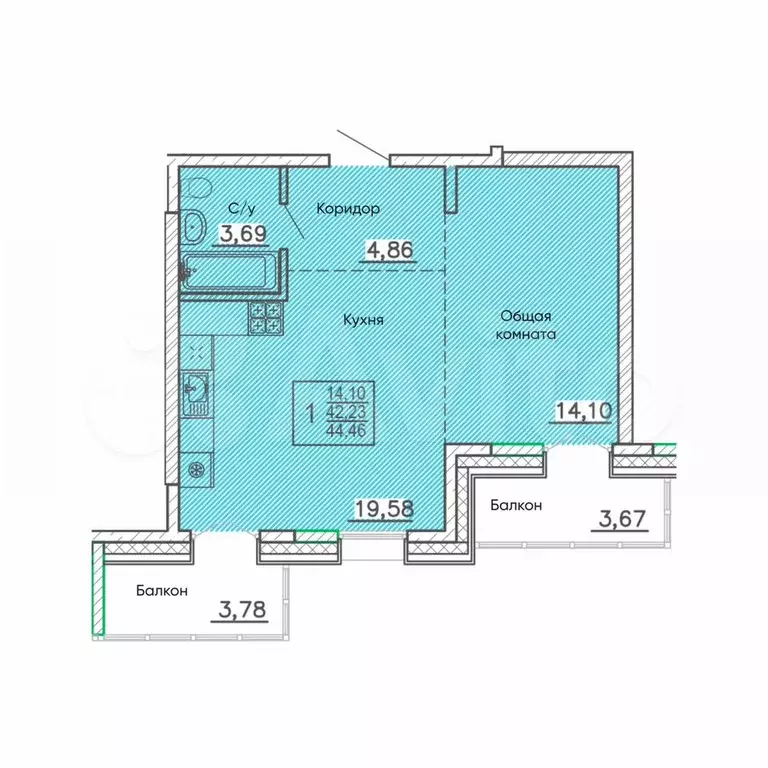 1-к. квартира, 44,5 м, 3/9 эт. - Фото 0