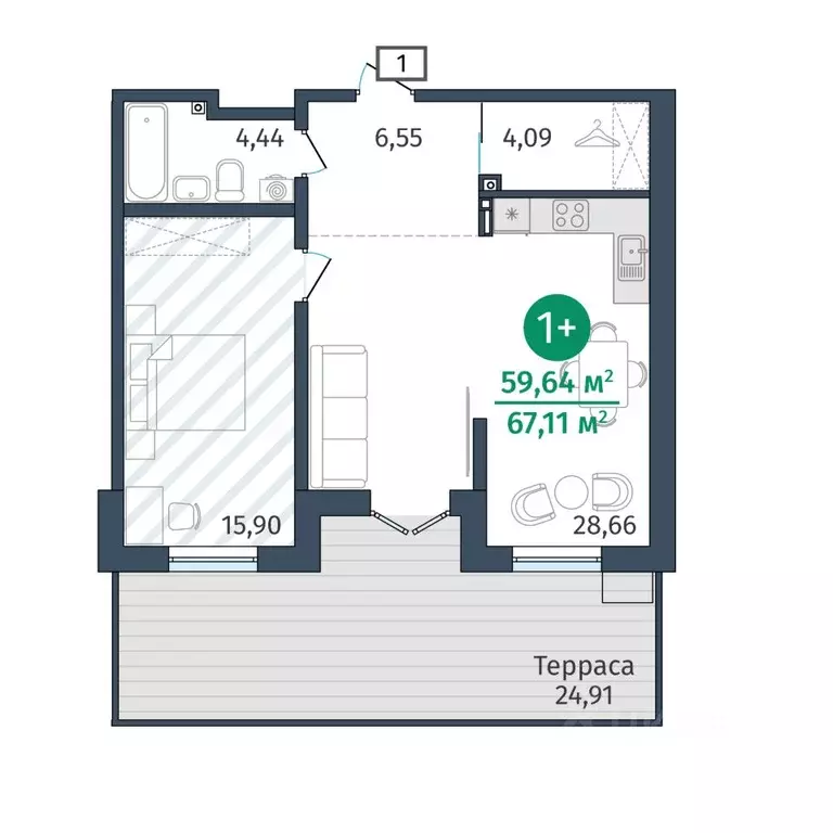1-к кв. Тюменская область, Тюменский муниципальный округ, д. Дударева ... - Фото 1