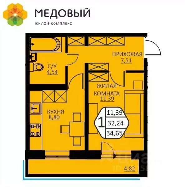 1-к кв. Пермский край, д. Кондратово ул. Н.М. Яблокова, 6 (34.65 м) - Фото 0