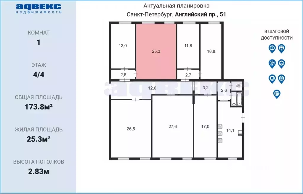 Комната Санкт-Петербург наб. Реки Фонтанки, 177 (25.3 м) - Фото 1