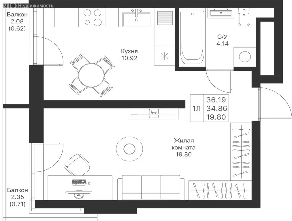 1-комнатная квартира: Казань, ЖК Мой Ритм, ПК14 (36.19 м) - Фото 0