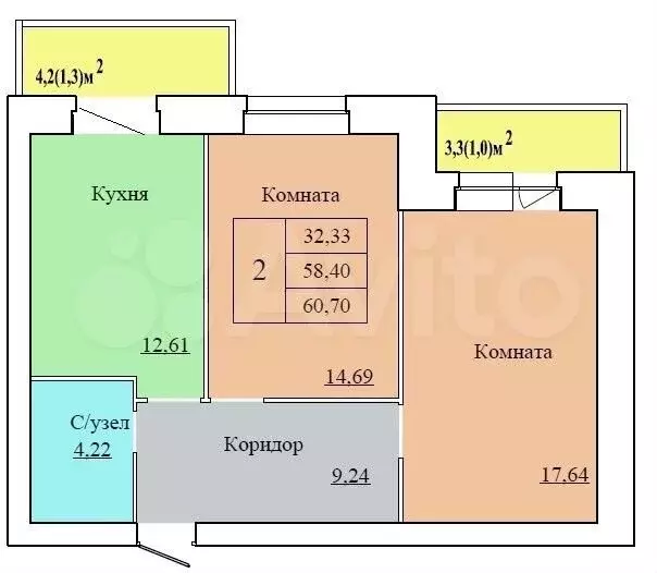 2-к. квартира, 60,7 м, 1/12 эт. - Фото 0