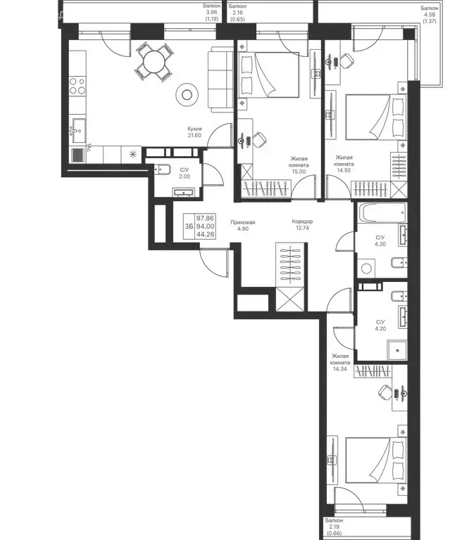 3-комнатная квартира: Казань, ЖК Мой Ритм (97.86 м) - Фото 0