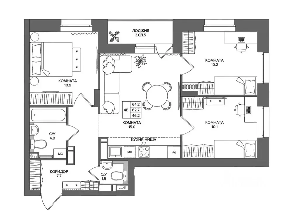 4-к кв. Пермский край, д. Кондратово ул. Водопроводная, 4 (64.2 м) - Фото 2