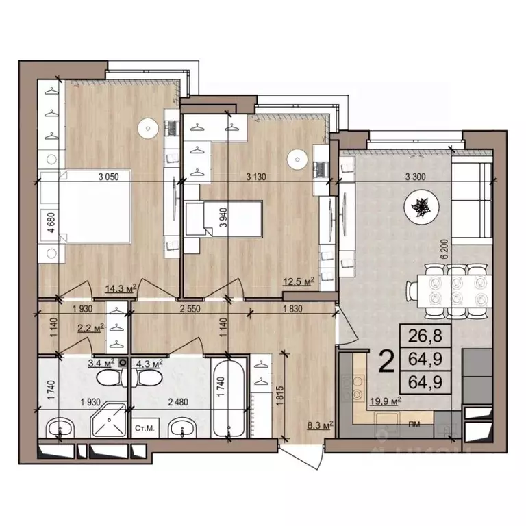 2-к кв. Рязанская область, Рязань ул. Новоселов, 33Б (64.9 м) - Фото 0