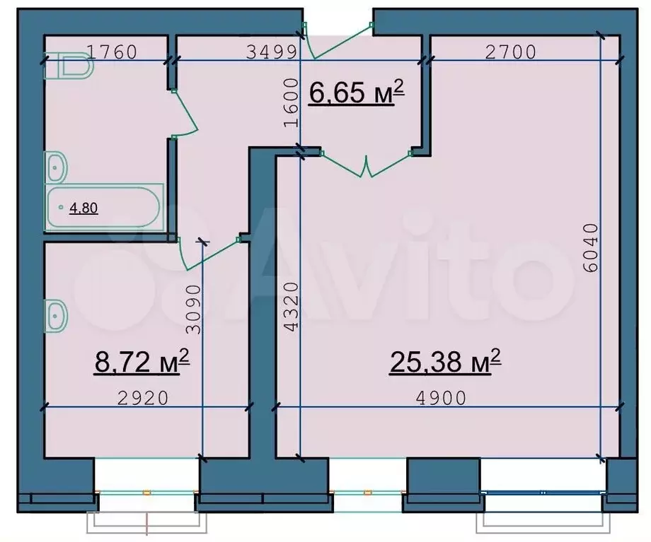 2-к. квартира, 46 м, 2/4 эт. - Фото 1