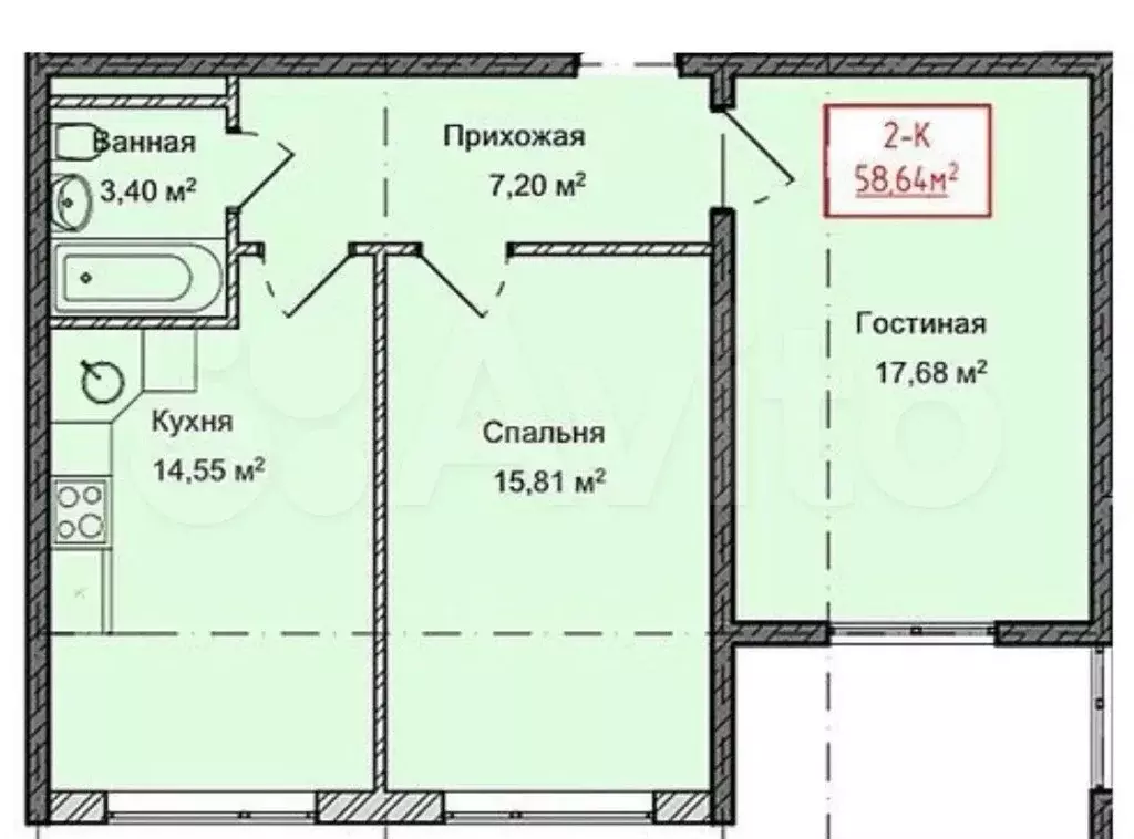 2-к. квартира, 58,6 м, 3/13 эт. - Фото 1