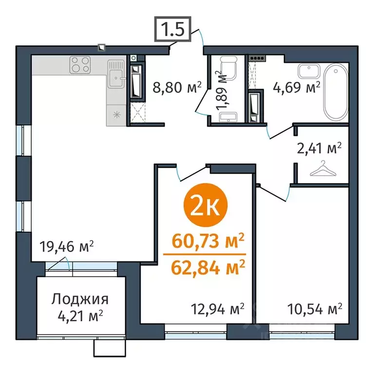 2-к кв. Тюменская область, Тюмень ул. Краснооктябрьская, 12 (60.73 м) - Фото 0