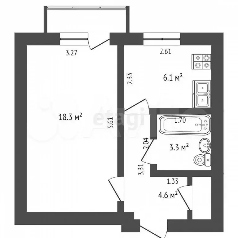 1-к. квартира, 33,4 м, 5/5 эт. - Фото 1