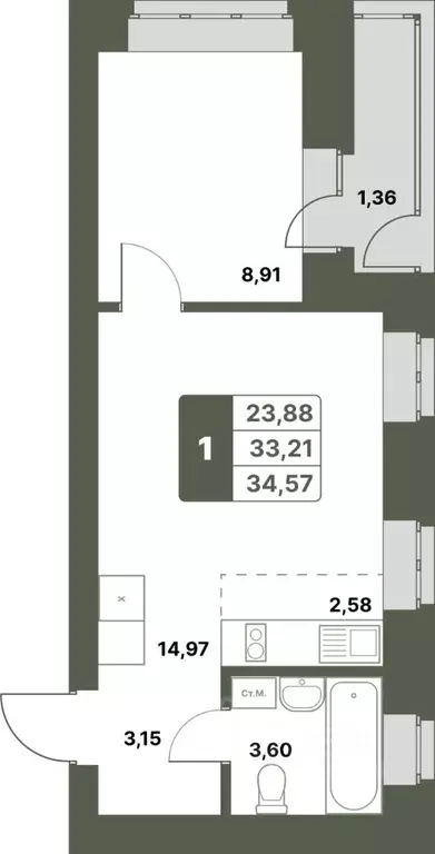 1-к кв. Башкортостан, Уфимский район, с. Миловка  (34.57 м) - Фото 1