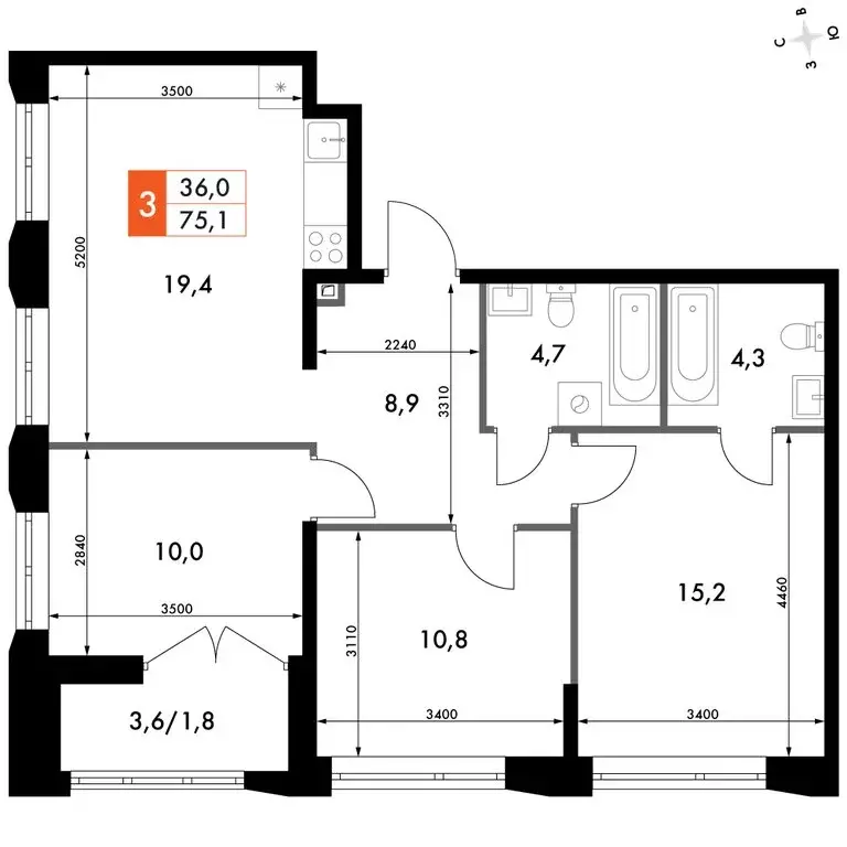 3-комнатная квартира: Нижний Новгород, историческая территория Старый ... - Фото 0