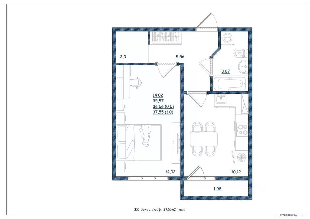 1-к кв. Тверская область, Тверь Новочеркасская ул., 49 (37.55 м) - Фото 2