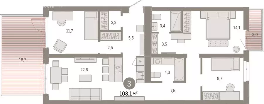 3-комнатная квартира: Тюмень, Ленинский округ (108.07 м) - Фото 1