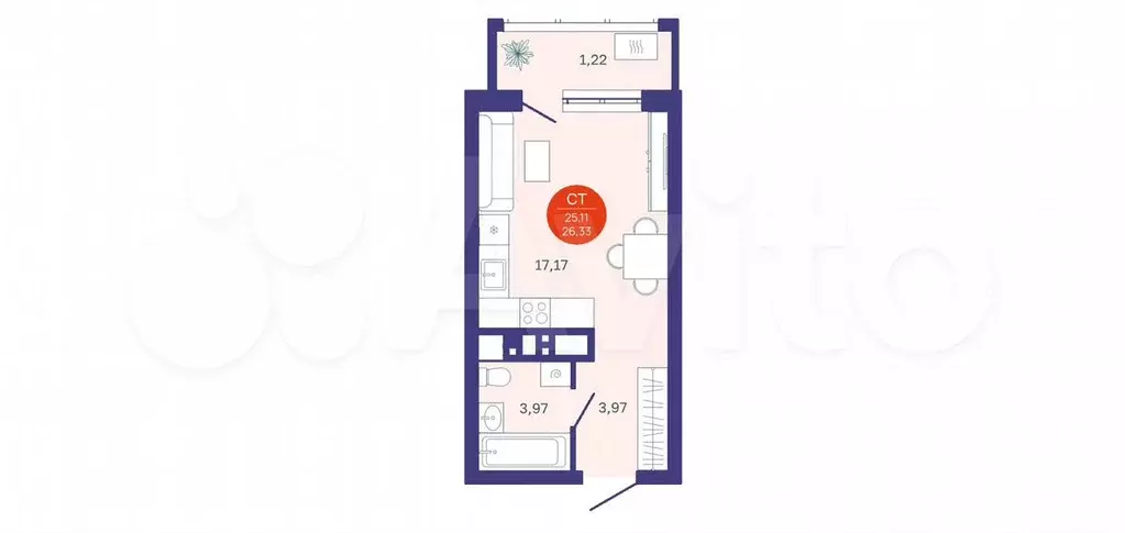 Квартира-студия, 26,3 м, 24/24 эт. - Фото 1