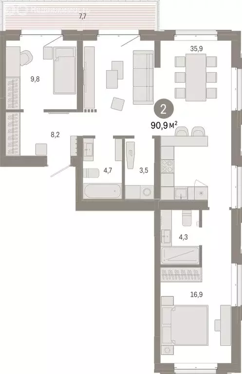 2-комнатная квартира: Тюмень, жилой комплекс На Минской (90.9 м) - Фото 1