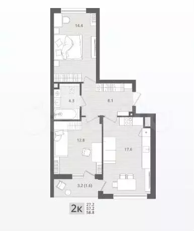 2-к. квартира, 58,8 м, 1/7 эт. - Фото 1