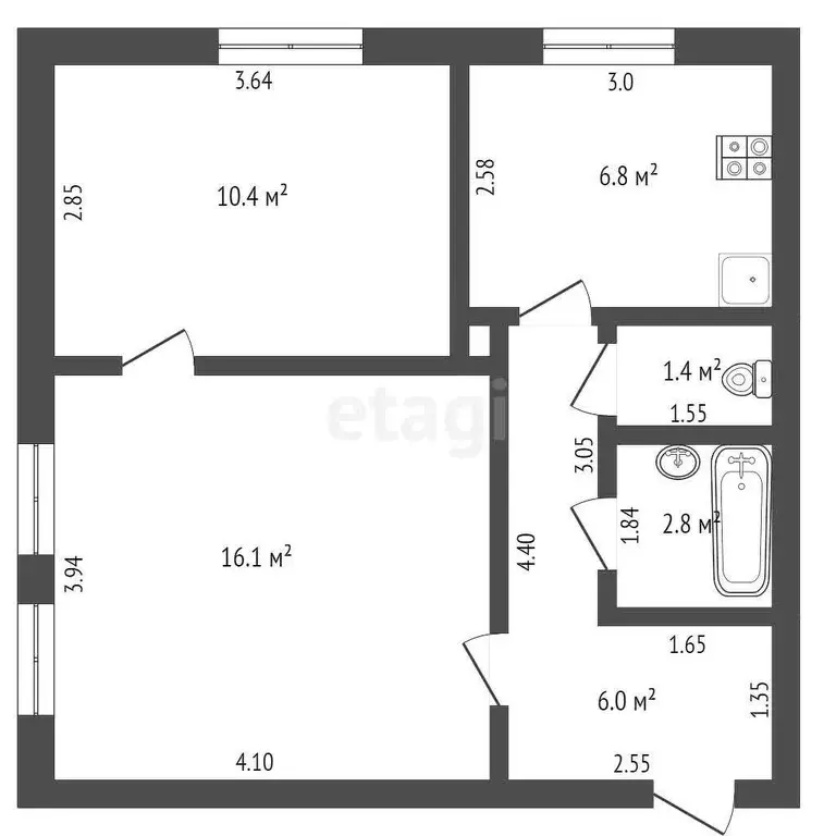 Квартира, 2 комнаты, 43.8 м - Фото 0