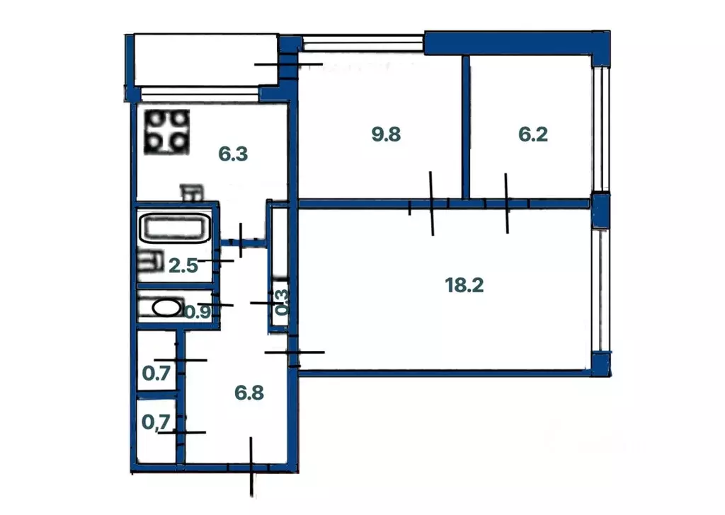 3-к кв. Санкт-Петербург ул. Кустодиева, 10К2 (52.4 м) - Фото 2