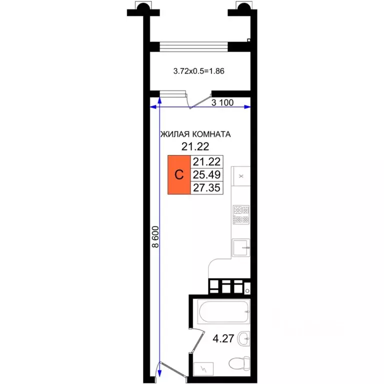Студия Краснодарский край, Новороссийск 5-я Бригада мкр,  (27.35 м) - Фото 1