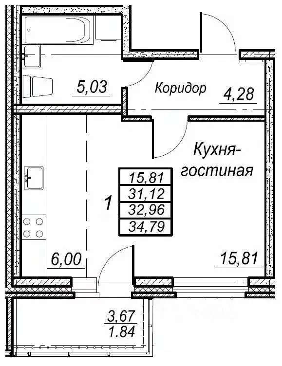 1-к кв. Хабаровский край, Хабаровск  (32.96 м) - Фото 0