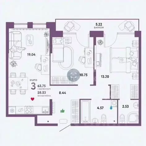 2-к кв. Тюменская область, Тюмень Интернациональная ул., 199к9 (62.0 ... - Фото 1