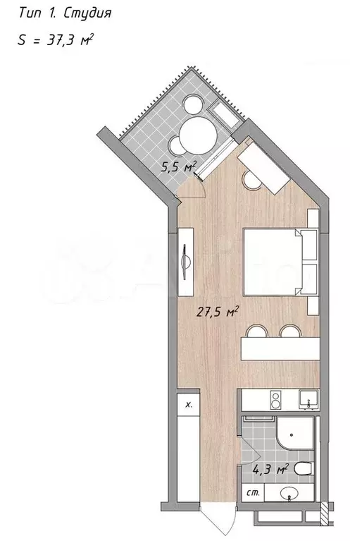 Апартаменты-студия, 37,3 м, 1/4 эт. - Фото 0