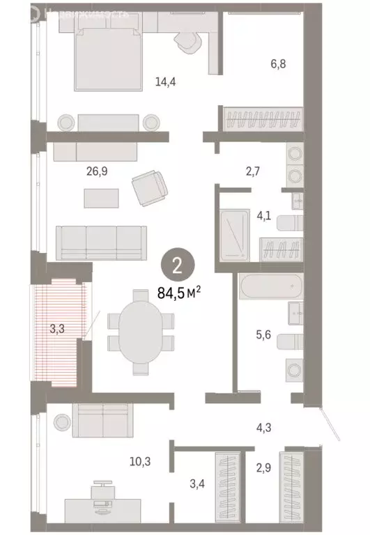 2-комнатная квартира: Тюмень, улица Республики, 205к3 (84.46 м) - Фото 1