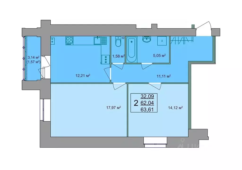 2-к кв. Костромская область, Кострома Привокзальная ул., 12 (64.4 м) - Фото 1