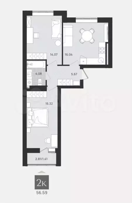 2-к. квартира, 56,6 м, 8/9 эт. - Фото 1