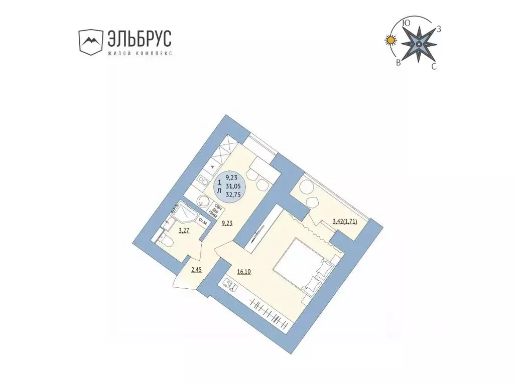 1-к кв. Башкортостан, Уфа Кавказская ул., 24 (32.76 м) - Фото 0