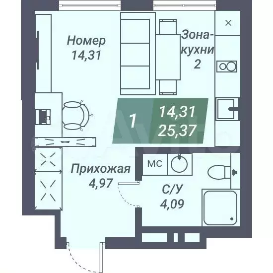 Апартаменты-студия, 25,4 м, 4/23 эт. - Фото 0