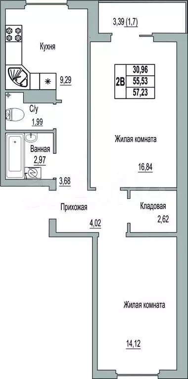 2-к. квартира, 57,2 м, 7/9 эт. - Фото 0