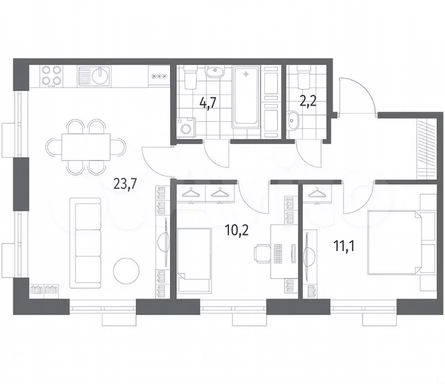 2-к. квартира, 60,9м, 3/6эт. - Фото 1