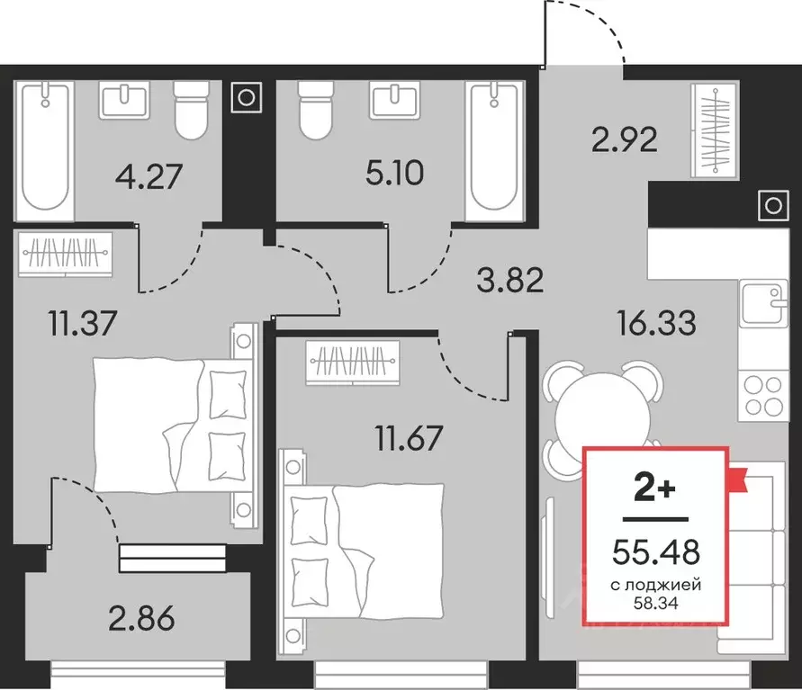 2-к кв. Ханты-Мансийский АО, Нефтеюганск ул. Нефтяников, 48А (55.48 м) - Фото 1