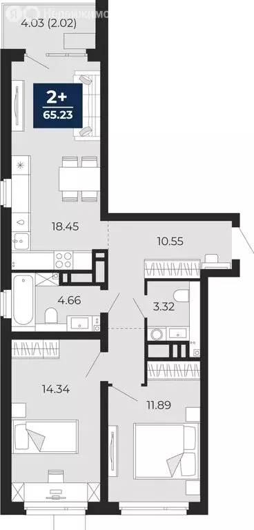 2-комнатная квартира: Тюмень, Арктическая улица, 16 (65.23 м) - Фото 0