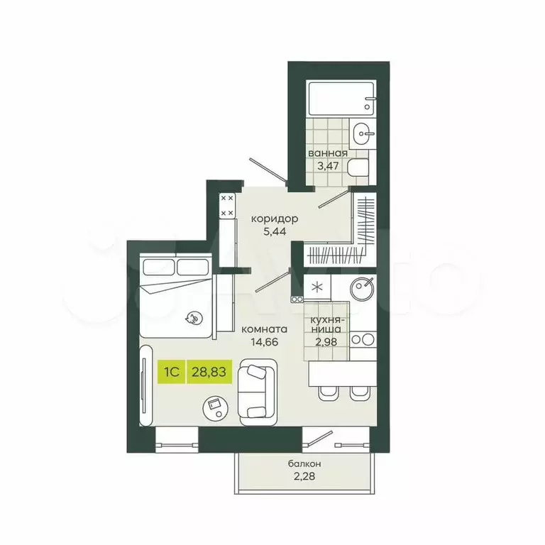 Квартира-студия, 28,8 м, 20/25 эт. - Фото 0