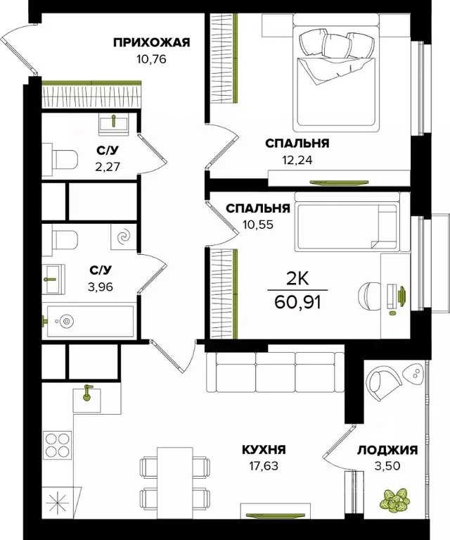 2-к кв. Тульская область, Тула  (60.91 м) - Фото 0