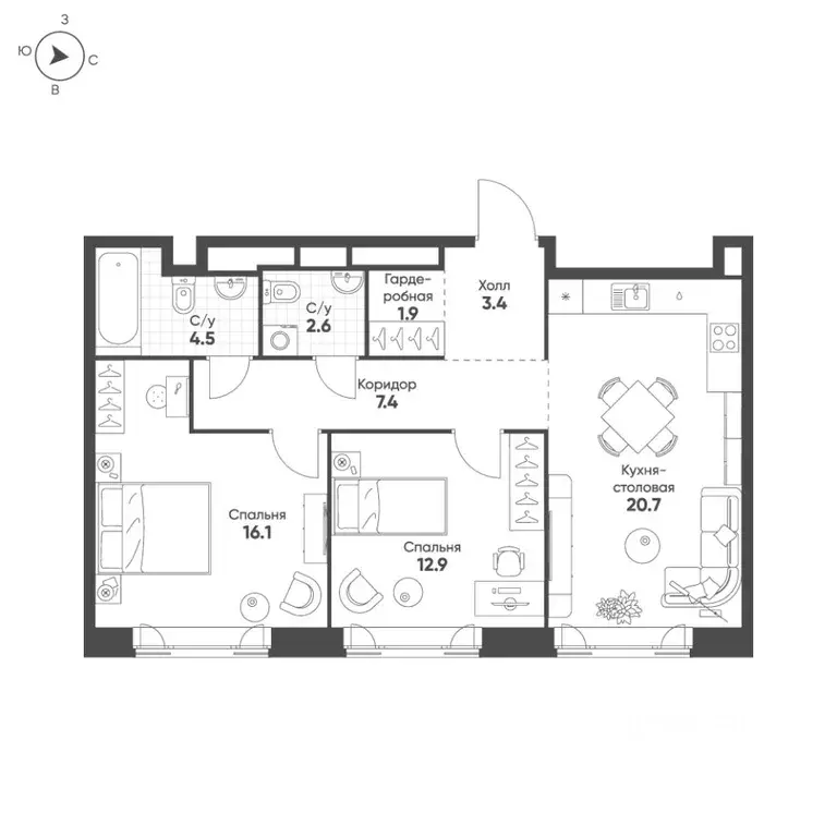 2-к кв. Москва Октябрьская ул., 103 (69.5 м) - Фото 0