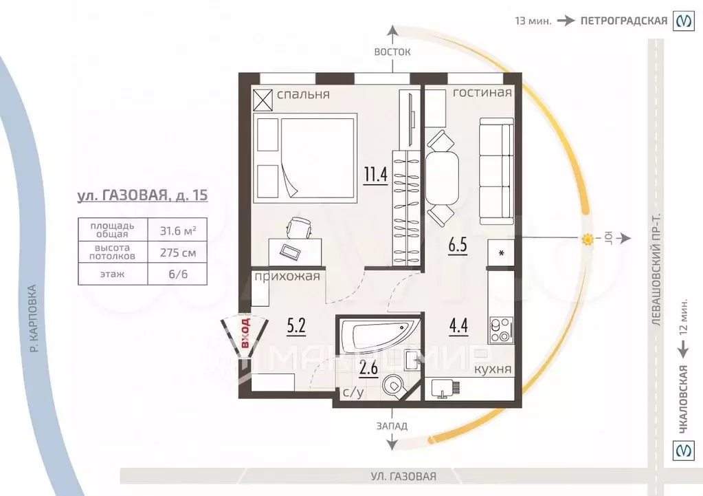 1-к. квартира, 31,6 м, 6/6 эт. - Фото 0