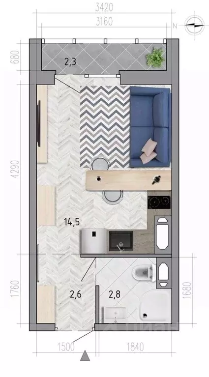 Студия Воронежская область, Воронеж Боровое мкр, Микрорайон Боровое ... - Фото 1