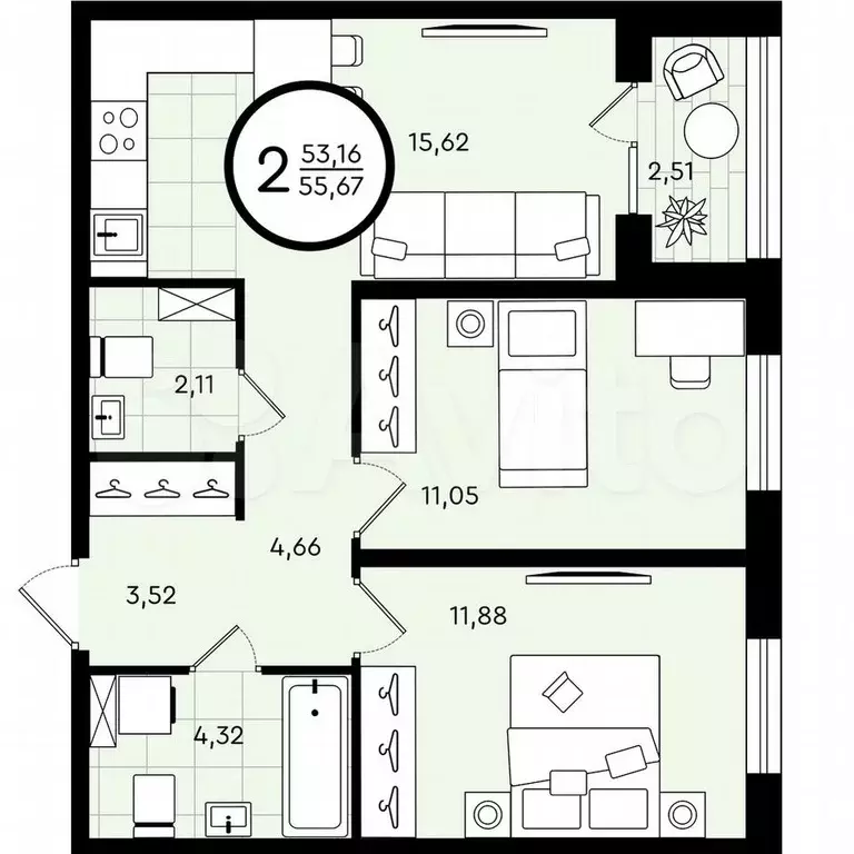 2-к. квартира, 55,7 м, 1/4 эт. - Фото 0