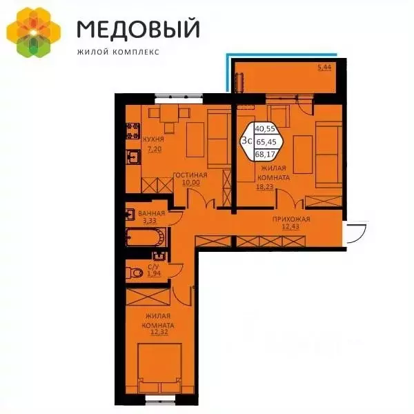 3-к кв. Пермский край, д. Кондратово ул. Н.М. Яблокова, 6 (68.17 м) - Фото 0