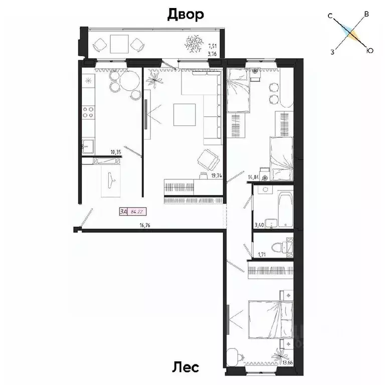 3-к кв. томская область, томск тракт иркутский, 185б (84.22 м) - Фото 0