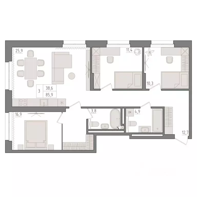 3-к кв. Башкортостан, Уфа 563-й кв-л,  (85.9 м) - Фото 1